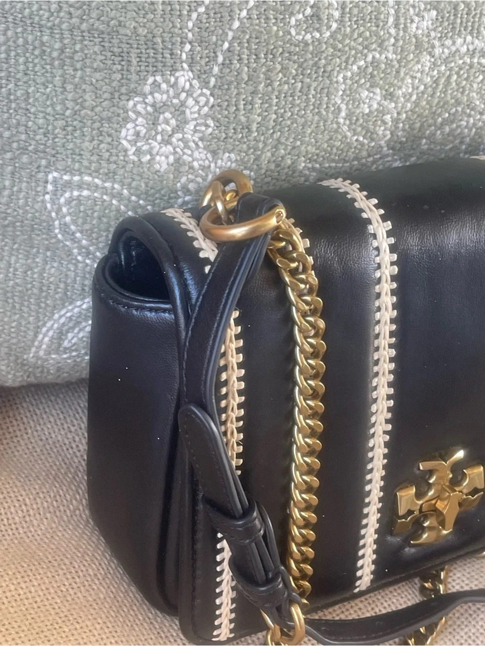 NWT Tory Burch Kira Whipstitch Leather Stripe Chain Shoulder Bag 🖤✨